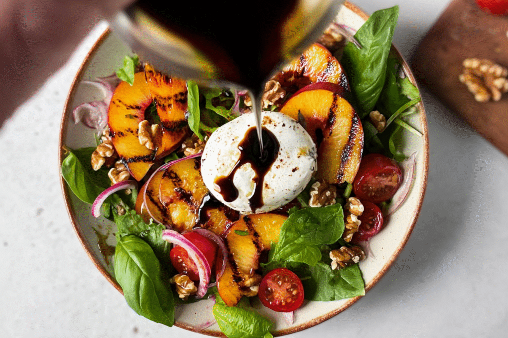 Grilled Peach and Burrata Salad: Sweet, Creamy & Irresistible 14 Balsamic glaze being drizzled over grilled peach and burrata salad with fresh greens, tomatoes, and walnuts