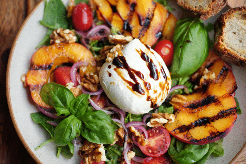 Grilled Peach and Burrata Salad: Sweet, Creamy & Irresistible 15 Grilled peach and burrata salad with basil, cherry tomatoes, red onion, and walnuts