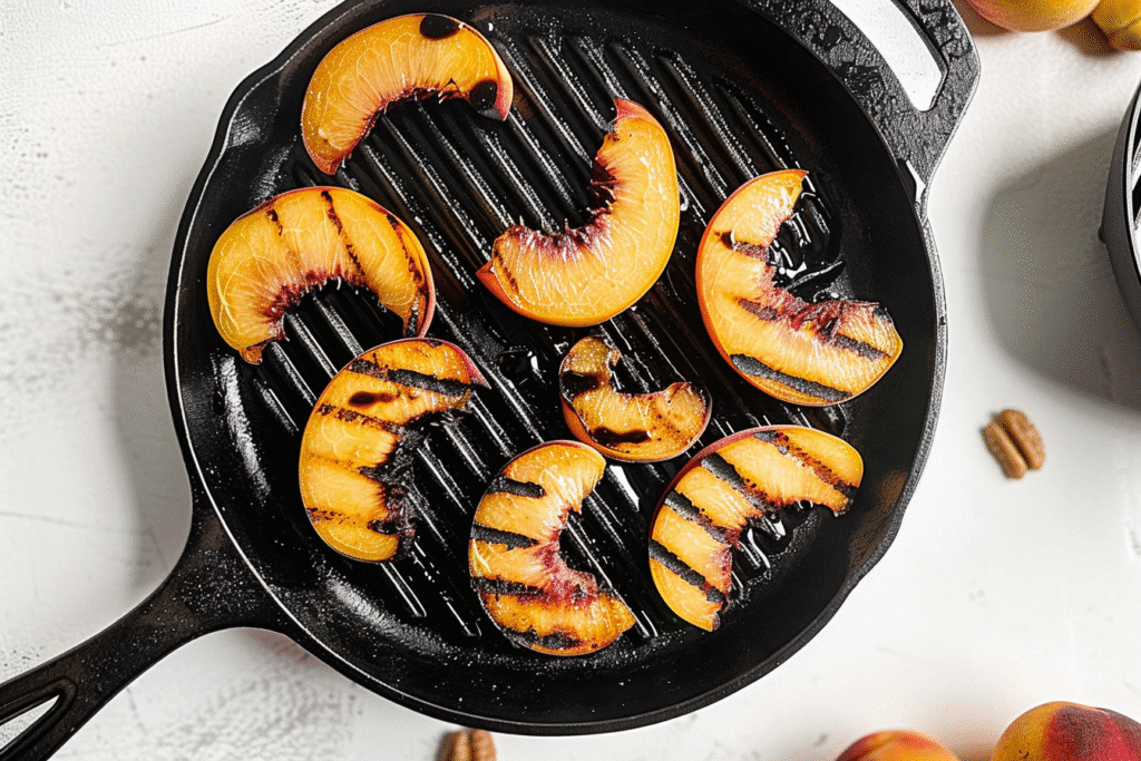 Grilled Peach and Burrata Salad: Sweet, Creamy & Irresistible 12 grilled-peaches-cast-iron-pan-summer-salad