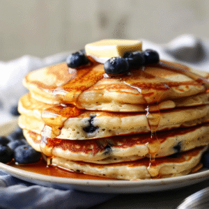 Stack of vegan protein pancakes with berries